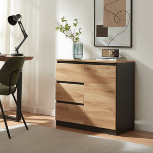 Credenza Mobile Contenitore Kyr Comò con Ante e Cassetti - Nero/Effetto Rovere Rustico [en.casa]
