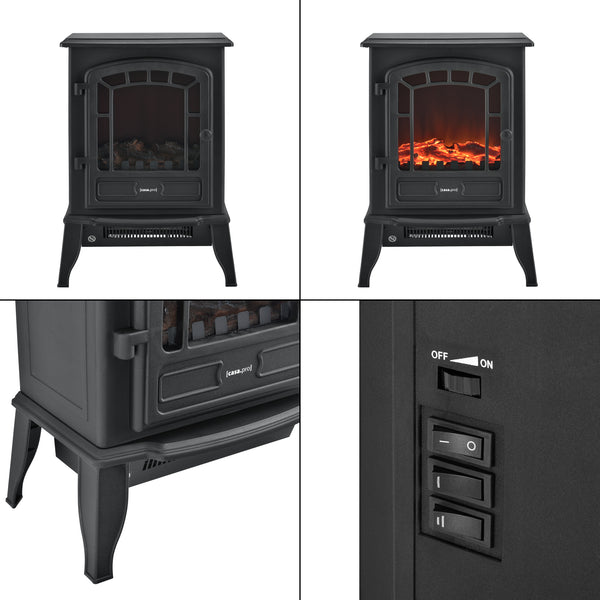 [casa.pro] Camino elettrico 39 x 24 x 56,5 cm Fuoco realistico Termostato integrato 2 livelli di riscaldamento Metallo plastica e vetro
