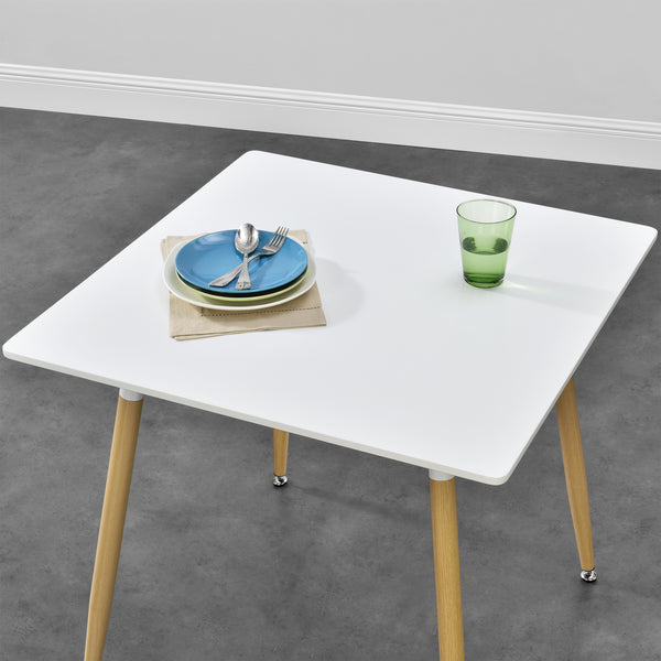 [en.casa] Table à Manger Table de Salle à Manger Table de Cuisine Bureau Carré/Arrondi MDF Laqué et Acier Blanc Mat et Hêtre 80 x 80 x 74cm