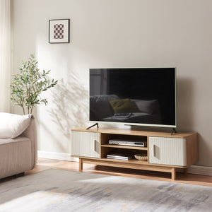 Meuble TV Ferrersp avec 2 portes 140 x 40 x 45 cm effet chêne / couleur sable [en.casa] 