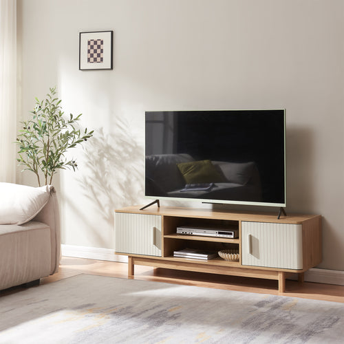 Meuble TV Ferrersp avec 2 portes 140 x 40 x 45 cm effet chêne / couleur sable [en.casa] 