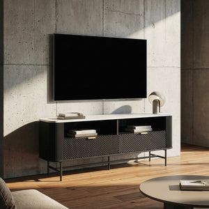 Meuble TV bas Olvehok 140x40x55 cm Noir/effet marbre, blanc [en.casa]