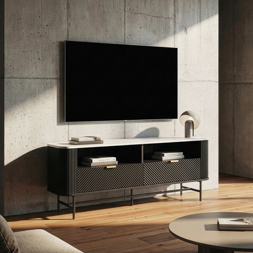 Meuble TV bas Olvehok 140x40x55 cm Noir/effet marbre, blanc [en.casa]