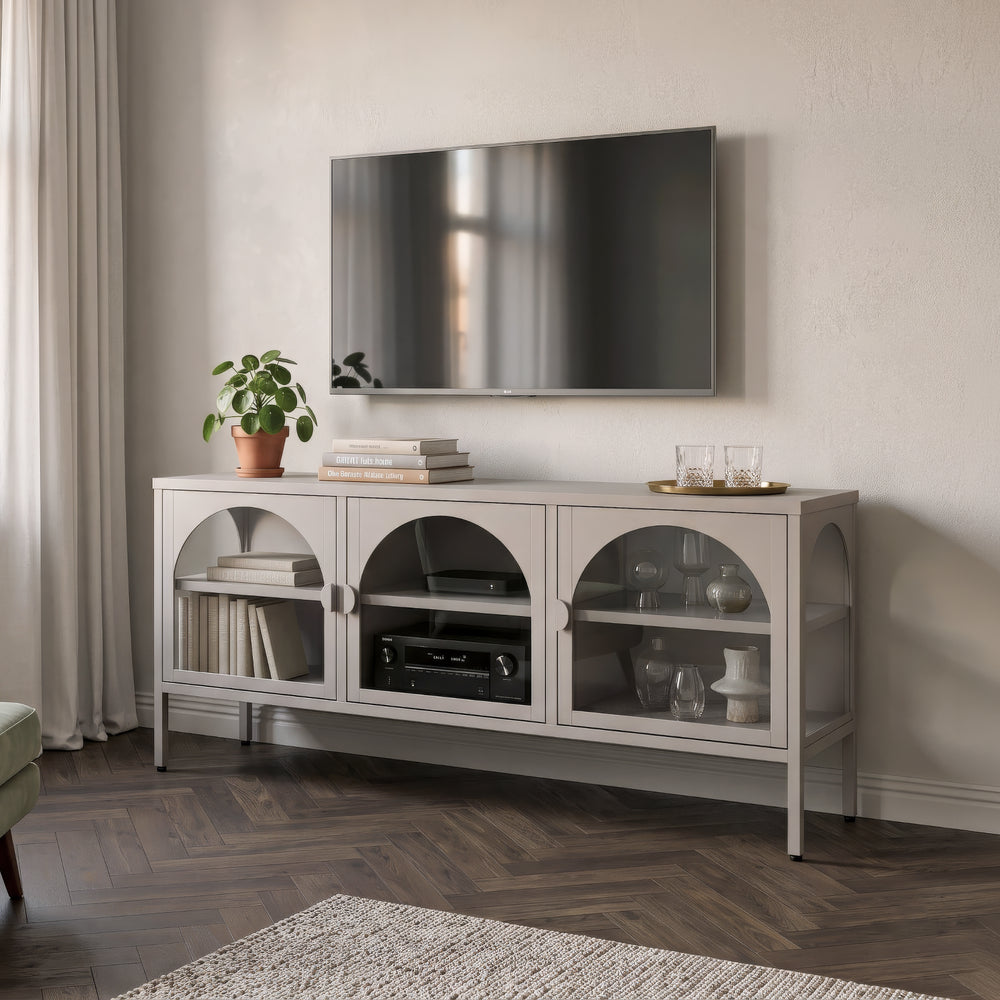 Vetrina Bassa Klippestad a 3 Ante in Vetro Credenza con 4 Scomparti 118 x 35 x 55 cm - Grigio Caldo [en.casa]

