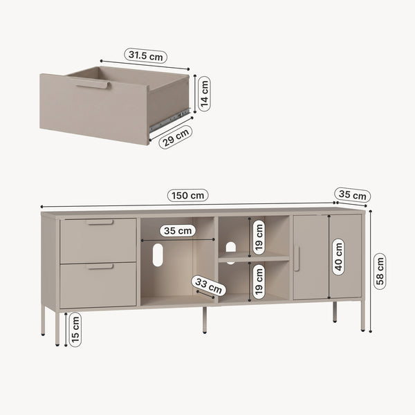 Meuble TV Kliri acier 150 x 35 x 58 cm gris chaud [en.casa]