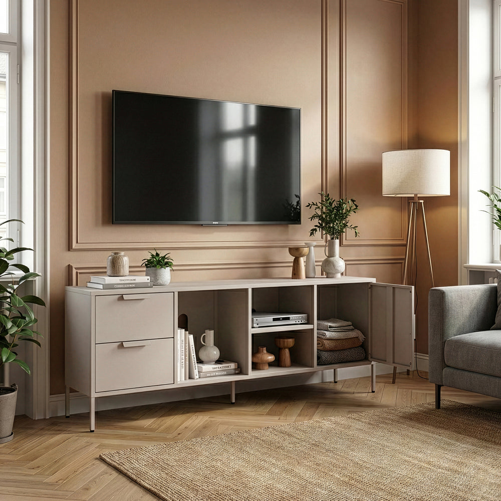 Mobile TV Kliri con 2 Cassetti Scomparti e Anta 150x35x58 cm in Acciaio - Grigio Caldo [en.casa]