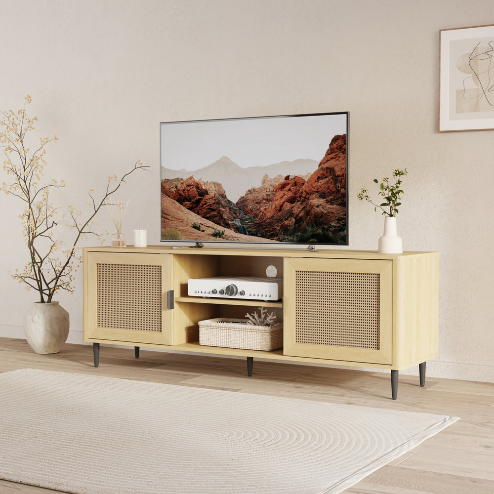 Meuble TV Lukhomso 152 x 40 x 54 cm effet chêne/ rotin [en.casa] 