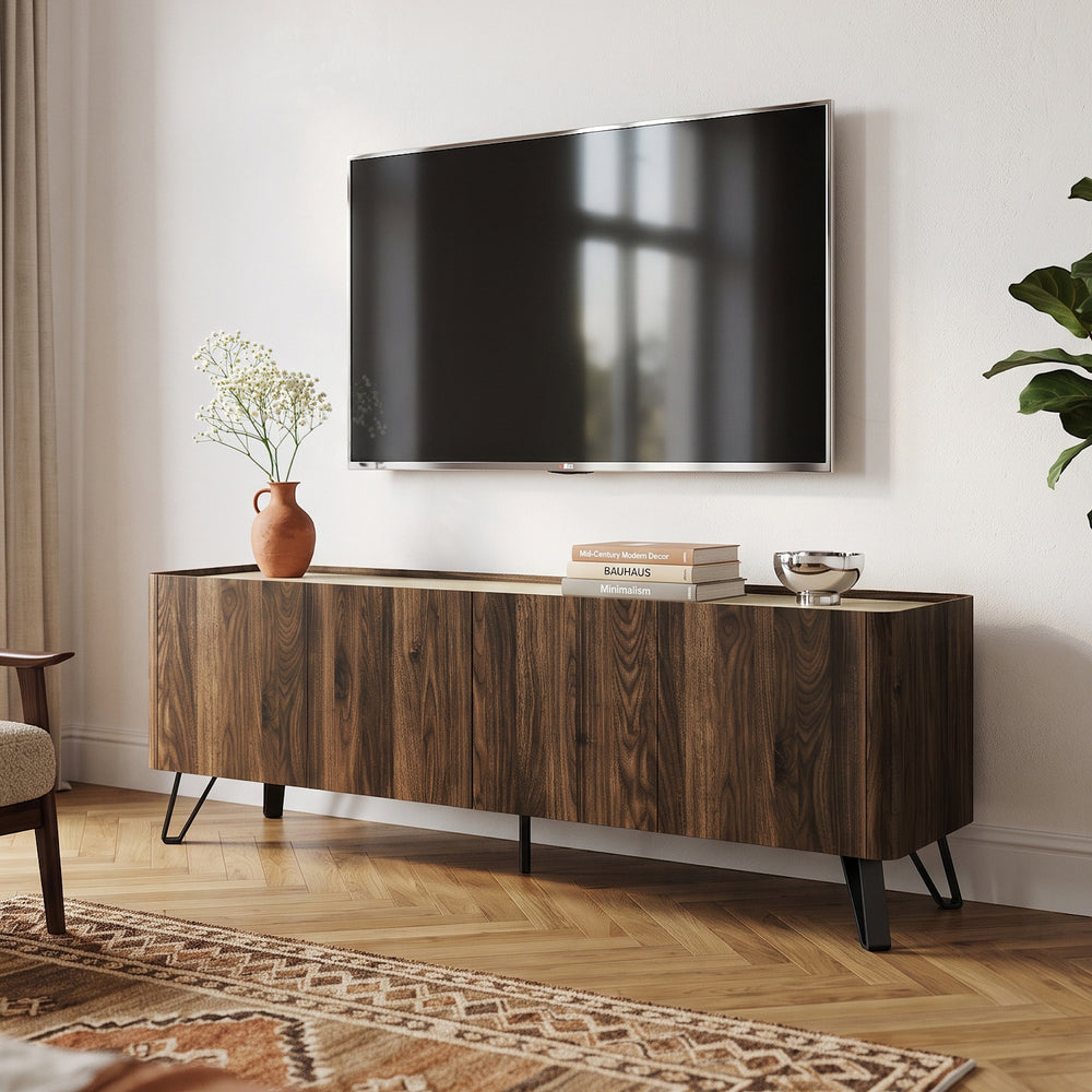 Meuble TV Trorlon 160 x 40 x 55 cm effet noyer travertin [en.casa]