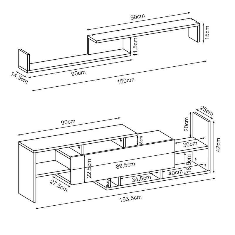 Croquis coté Meuble TV avec étagère murale Liksefte 153,5 x 27,5 x 42 cm [en.casa] 