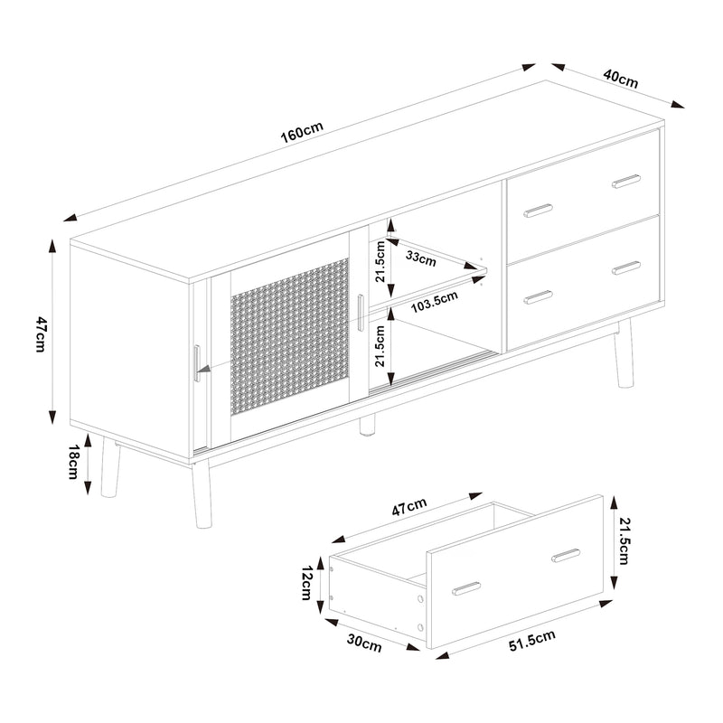 Croquis coté Meuble TV Susa 160 x 40 x 65 cm [en.casa]