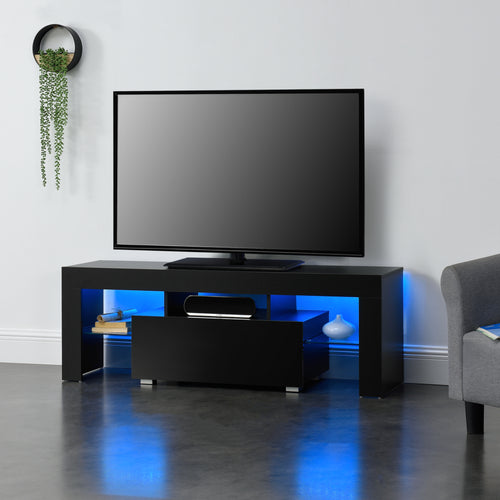 Meuble TV LED Grimsey 130x35x45 cm avec tiroir, étagère en verre, blanc/noir en.casa - premiumXL