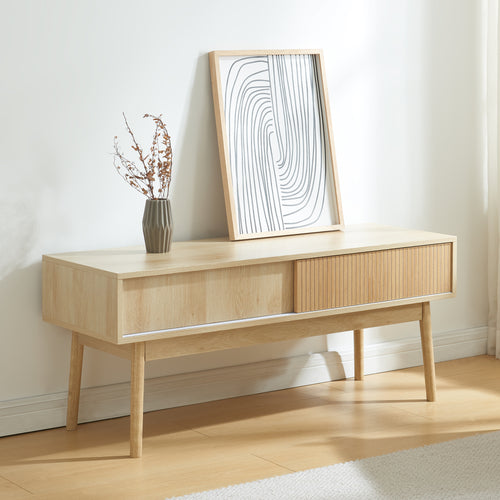 Meuble TV Landskrona 115x40x48 cm avec deux portes coulissantes aspect chêne [en.casa] - premiumXL