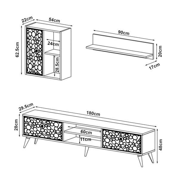 Set de meuble TV Leka avec étagère et armoire murales panneau de particules 180 x 30 x 48 cm [en.casa]