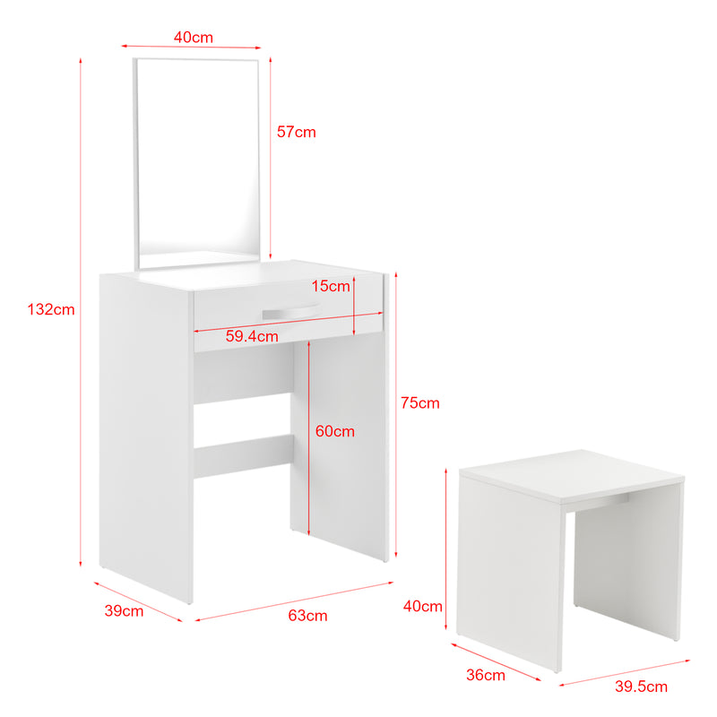 Croquis coté Coiffeuse avec Miroir Tiroir Tabouret Reykjavik 132 x 63 x 39 cm [en.casa]