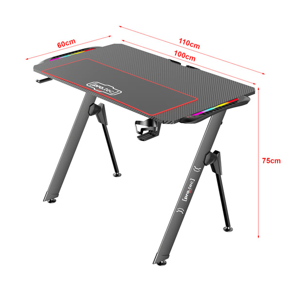 Gaming Tisch Stockton mit RGB LED Beleuchtung Schwarz in versch. Größen [pro.tec]