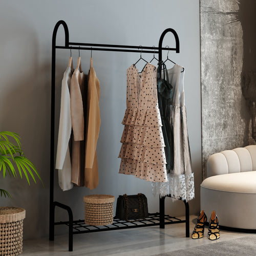 Stand Appendiabiti 'Vallø' Organizzatore con Barra Porta Abiti e Piano a Rete Allestimento per Guardaroba Teatro Negozio di Abbigliamento - Struttura in Metallo - Nero [en.casa] 