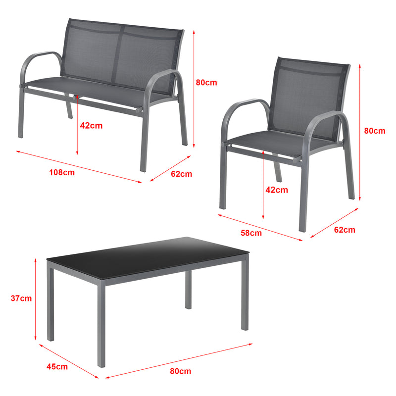 Croquis coté Salon de Jardin de 4 Meubles Gagra Extérieurs Acier PVC Polyester [en.casa]