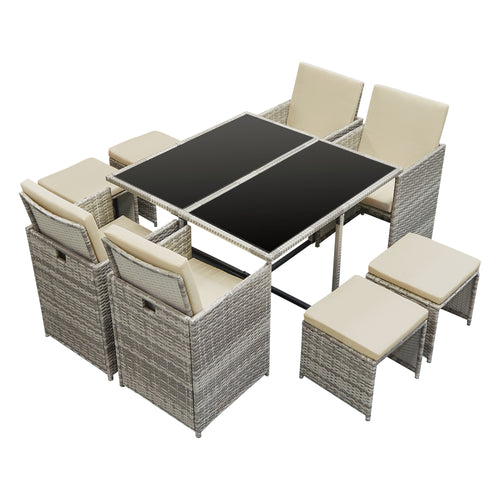 Set Mobili da Giardino/Terrazza Set Salottino Salvaspazio Composto di 1 Tavolo con Piano in Vetro, 4 Poltrone e 4 Pouf Arredo in Polyrattan per Uso Esterno con Cuscini - Vari Colori