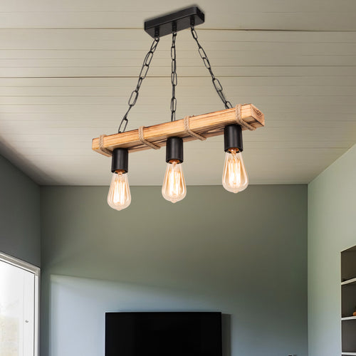 Suspension Hemel E27 métal bois massif corde de jute noir / aspect bois / couleur jute en différentes tailles [lux.pro] - premiumXL