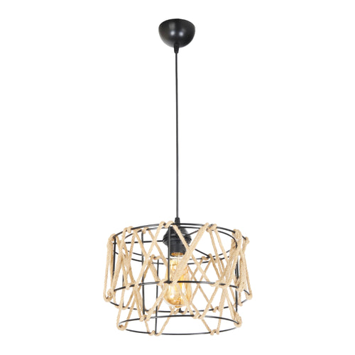Lampada a Sospensione 'Maryport' Lampadario con Paralume a Gabbia con Corda - Nero / Naturale - lux.pro