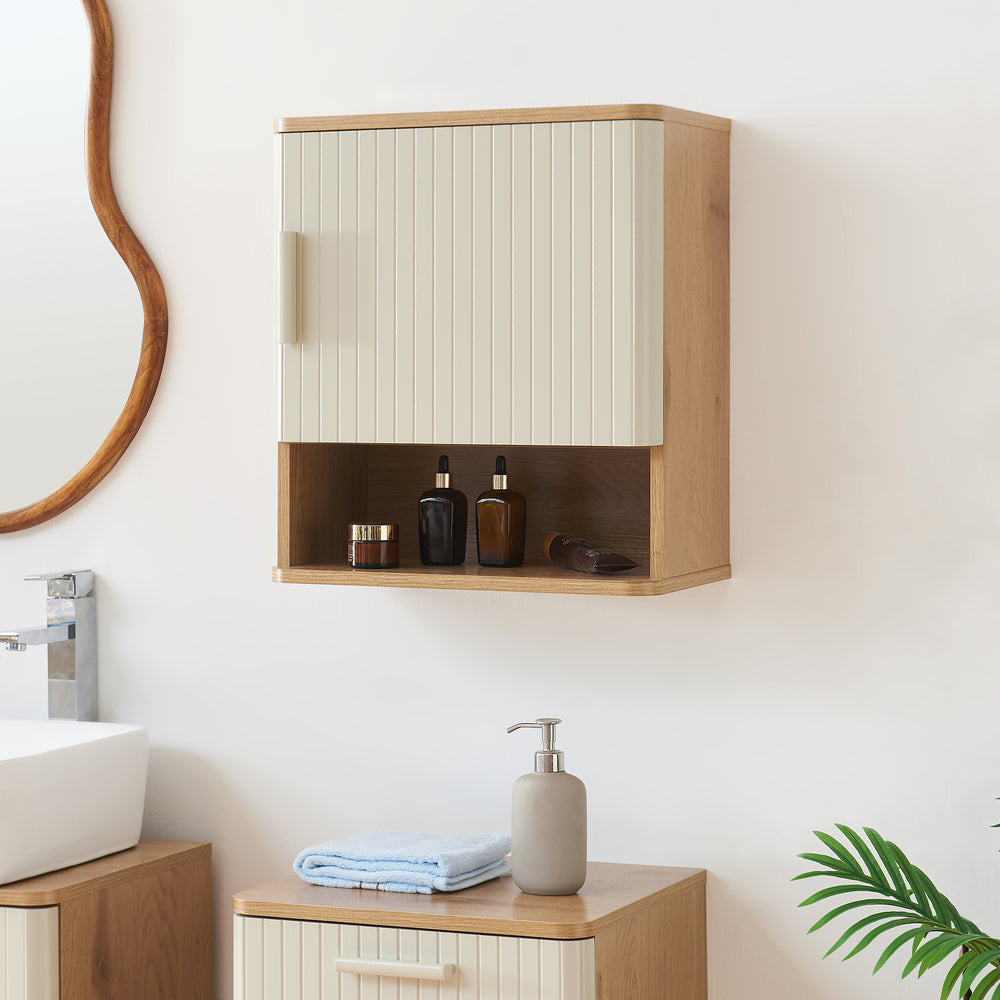 Armadietto a Muro Ferrersp per Bagno Mobile da Parete 50 x 45 x 24 cm - Effetto Rovere / Avena Oatmeal [en.casa] 