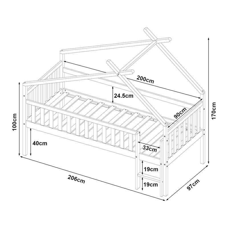 Maßskizze Hausbett Sotkamo mit Matratze 90x200cm mit Rausfallschutz [en.casa]