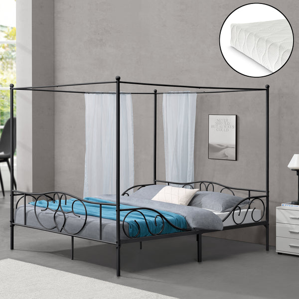 Himmelbett Finström aus Stahl mit Kaltschaummatratze [en.casa]