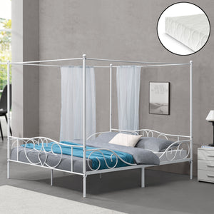 Lit Double à Baldaquin Finström en Métal Matelas à Mousse à Froid [neu.haus] [en.casa]