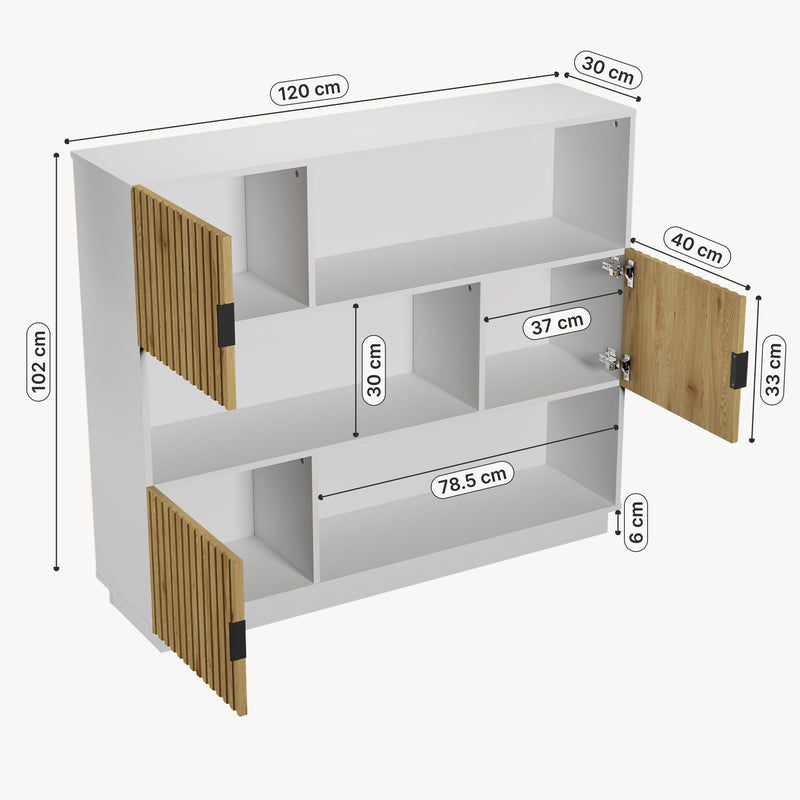 Schizzo in scala Libreria Bassa Verhundar Scaffale a 3 Livelli con Vani Aperti e Chiusi con Ante [en.casa]