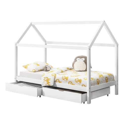 Lit Enfant Forme Maison Avec 2 Tiroirs Lund 90 x 200 cm Blanc [en.casa]