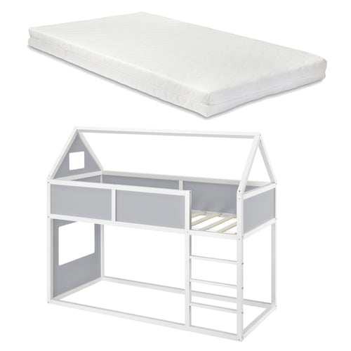 Lit d'Enfant Superposé Maison Solide à Sommier à Lattes avec Matelas et Échelle Pin Contreplaqué 90 x 200 cm [en.casa] [neu.haus]