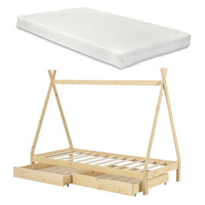 Letto per Bambino a Forma di Tenda Indiana con 2 Cassetti Portaoggetti Letto con Materasso a Schiuma Fredda 90 x 200 cm Letto Tipi in Legno di Pino 