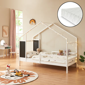 Letto a Casetta Lorenskog per Cameretta con Materasso 90 x 200 cm in Legno di Pino con Barriera Anticaduta [en.casa]