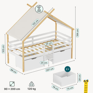 Letto Casetta per Bambini Surnadal con Materasso 90x200 cm Cassetti e Sbarre [en.casa] 