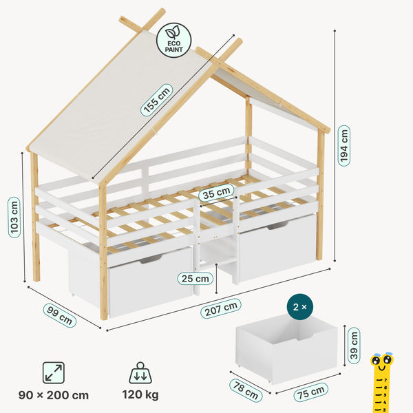 Letto Casetta per Bambini Surnadal con Materasso 90x200 cm Cassetti e Sbarre [en.casa] 