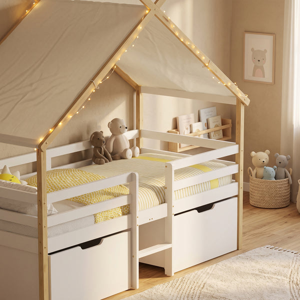 Letto Casetta per Bambini Surnadal con Materasso 90x200 cm Cassetti e Sbarre [en.casa] 