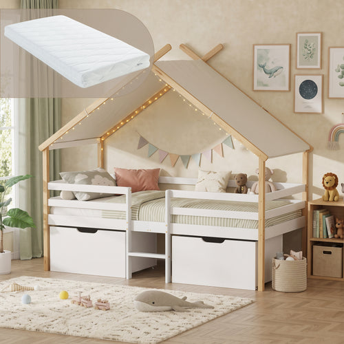 Letto Casetta per Bambini Surnadal con Materasso 90x200 cm Cassetti e Sbarre [en.casa] 