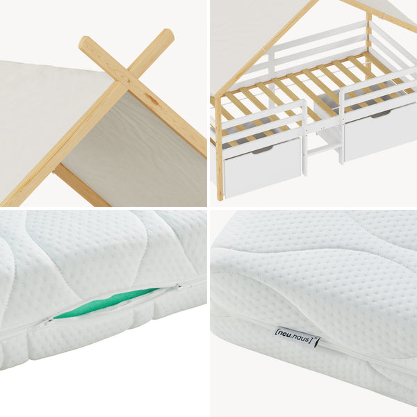 Letto Casetta per Bambini Surnadal con Materasso 90x200 cm Cassetti e Sbarre [en.casa] 