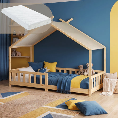 Letto a casa Rila in stile Montessori con materasso e protezione anticaduta 90x200 cm [en.casa]