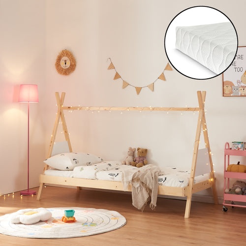 Tipi - Bett Siikajoki mit Matratze 90x200cm Kiefernholz Natur [en.casa] - premiumXL