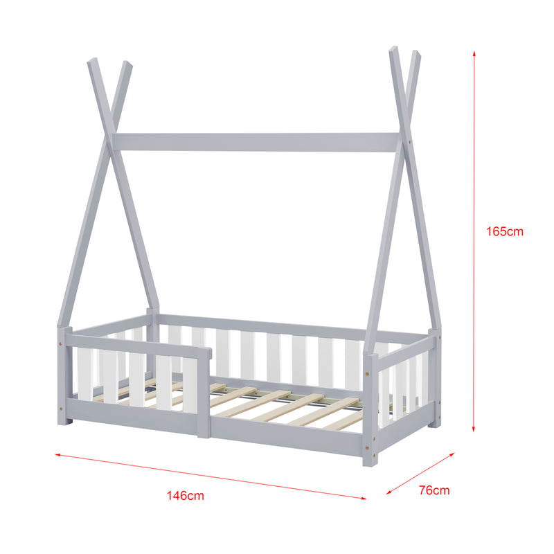 Croquis coté Lit Enfant Cabane avec Matelas Orthopédique Helsingborg 146x76x165cm [en.casa]