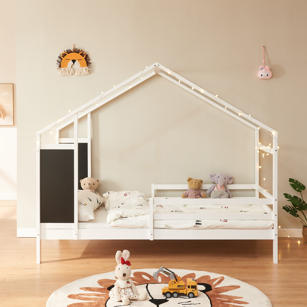 Letto a Casetta Lorenskog per Cameretta con Materasso 90 x 200 cm in Legno di Pino con Barriera Anticaduta [en.casa]