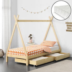 Letto per Bambino a Forma di Tenda Indiana con 2 Cassetti Portaoggetti Letto con Materasso a Schiuma Fredda 90 x 200 cm Letto Tipi in Legno di Pino 