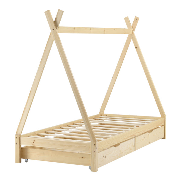 Letto per Bambino a Forma di Tenda Indiana con 2 Cassetti Portaoggetti Letto con Materasso a Schiuma Fredda 90 x 200 cm Letto Tipi in Legno di Pino 