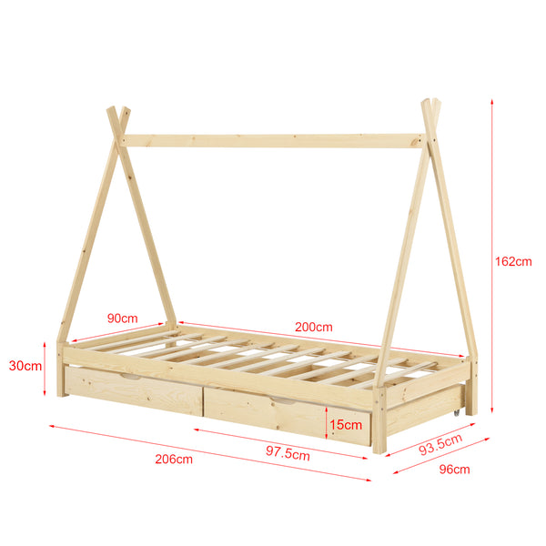 Letto per Bambino a Forma di Tenda Indiana con 2 Cassetti Portaoggetti Letto con Materasso a Schiuma Fredda 90 x 200 cm Letto Tipi in Legno di Pino 
