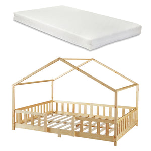 Lit cabane enfant solide Treviolo en bois de pin avec barrière de protection et matelas [en.casa] [neu.haus]