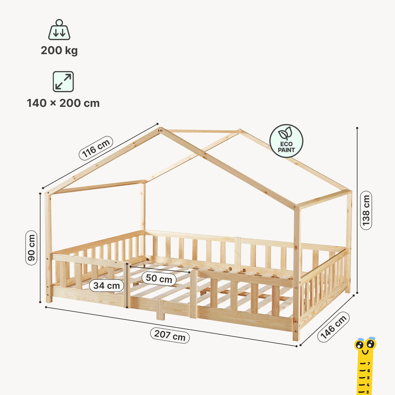 Croquis coté Lit d'enfant en forme de maison Treviolo avec matelas bois de pin [en.casa]
