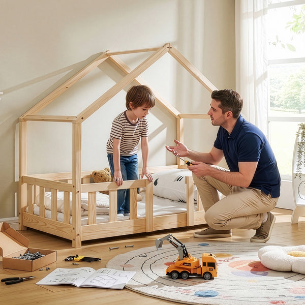 Letto per Cameretta Treviolo a Forma di Casetta in Stile Montessori con Materasso [en.casa]
