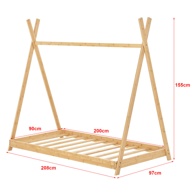 Croquis coté Lit tipi Vimpeli pour enfant avec matelas bambou naturel [en.casa]
