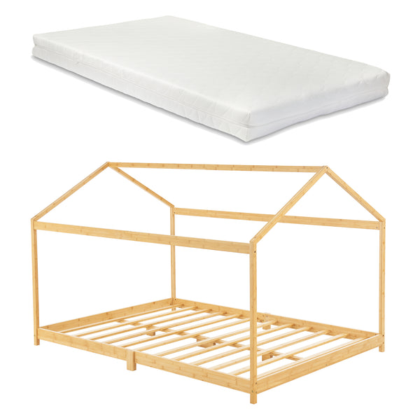 Letto Casetta per Cameretta ’Vindafjord’ con Materasso - Bambù Naturale [en.casa]